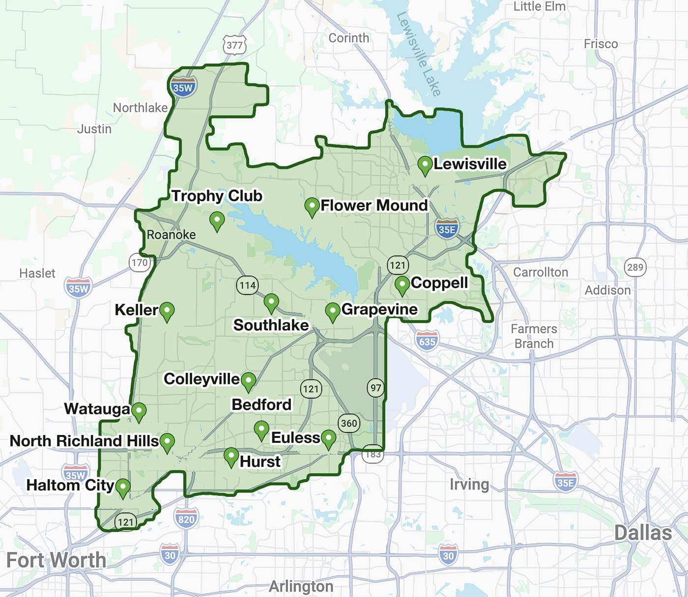 Clean Site Experts dumpster rental service area map covering Southlake, Grapevine, Keller, Flower Mound, Lewisville and surrounding DFW cities